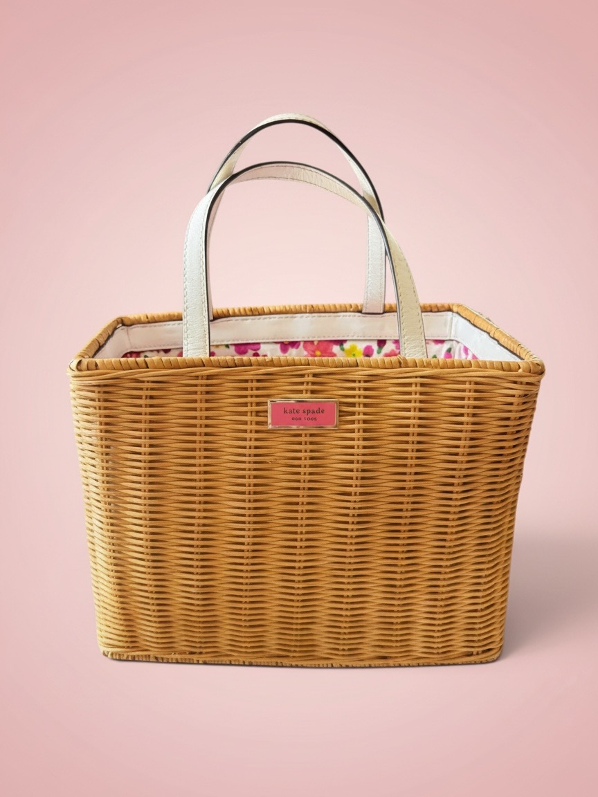 Kate Spade Sam Wicker Medium Satchel Bag Basket Tote Floral Drawstring Pink